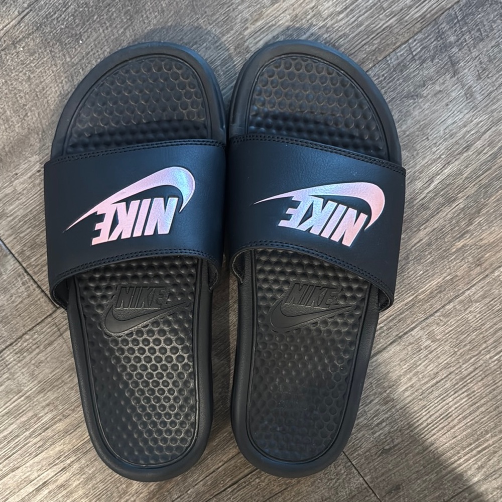 Nike Black Slides with Iridescent Pink Logo